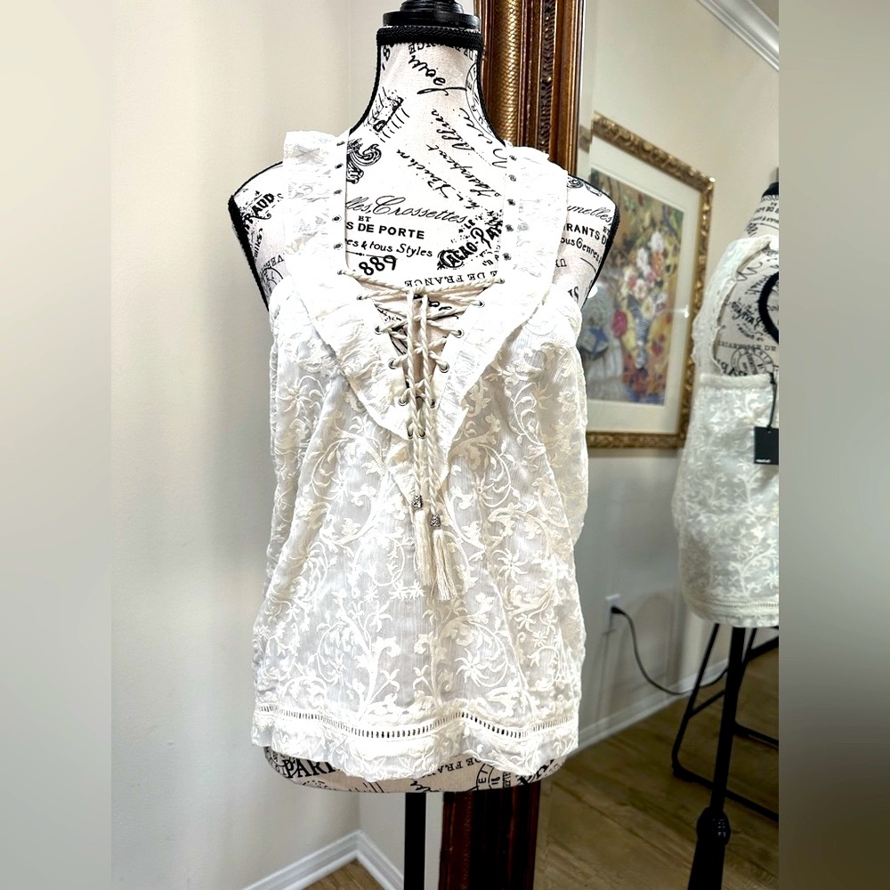 NWT Kooples off white embroidered chiffon sleeveless tie front